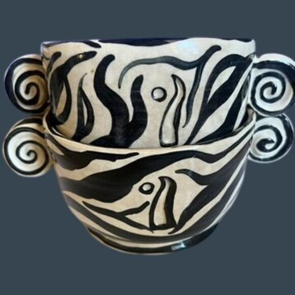 Two Zebra Swirl Studio Art Bowls Spiral Handles 5" x 3" Boho Chic Black White - Picture 5 of 12